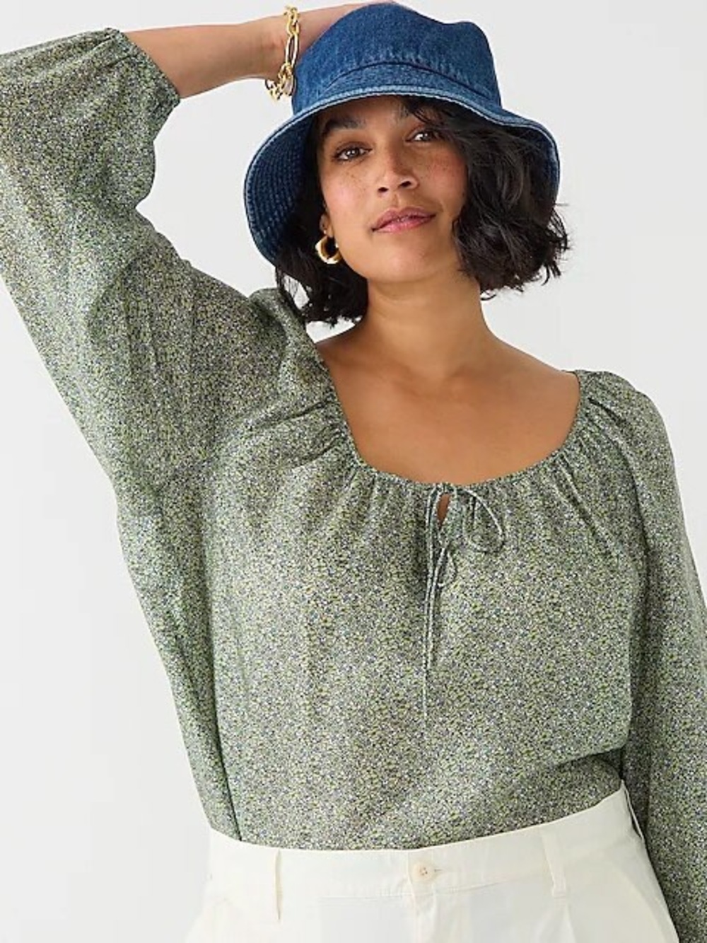 J. Crew Green Micro Floral Peasant Blouse